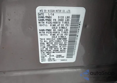 2014 Nissan Murano Le/S/Sl/Sv z USA, uszkodzony, nr VIN JN8AZ1MU7EW409540